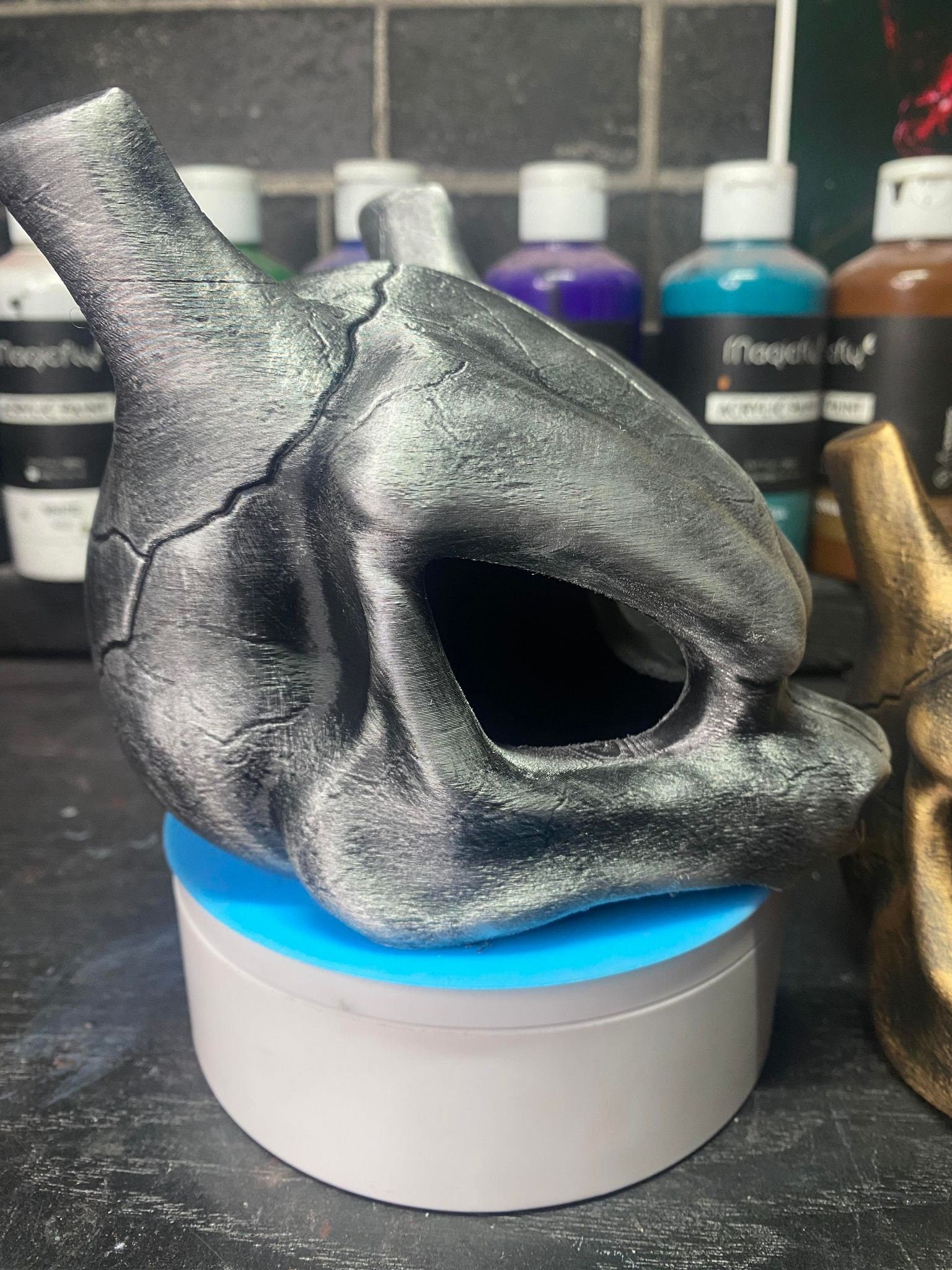 Mewtwo Inspired Skull Statue 3D Printed Hand Painted Collectible Display Piece for Gaming Room or Cosplay