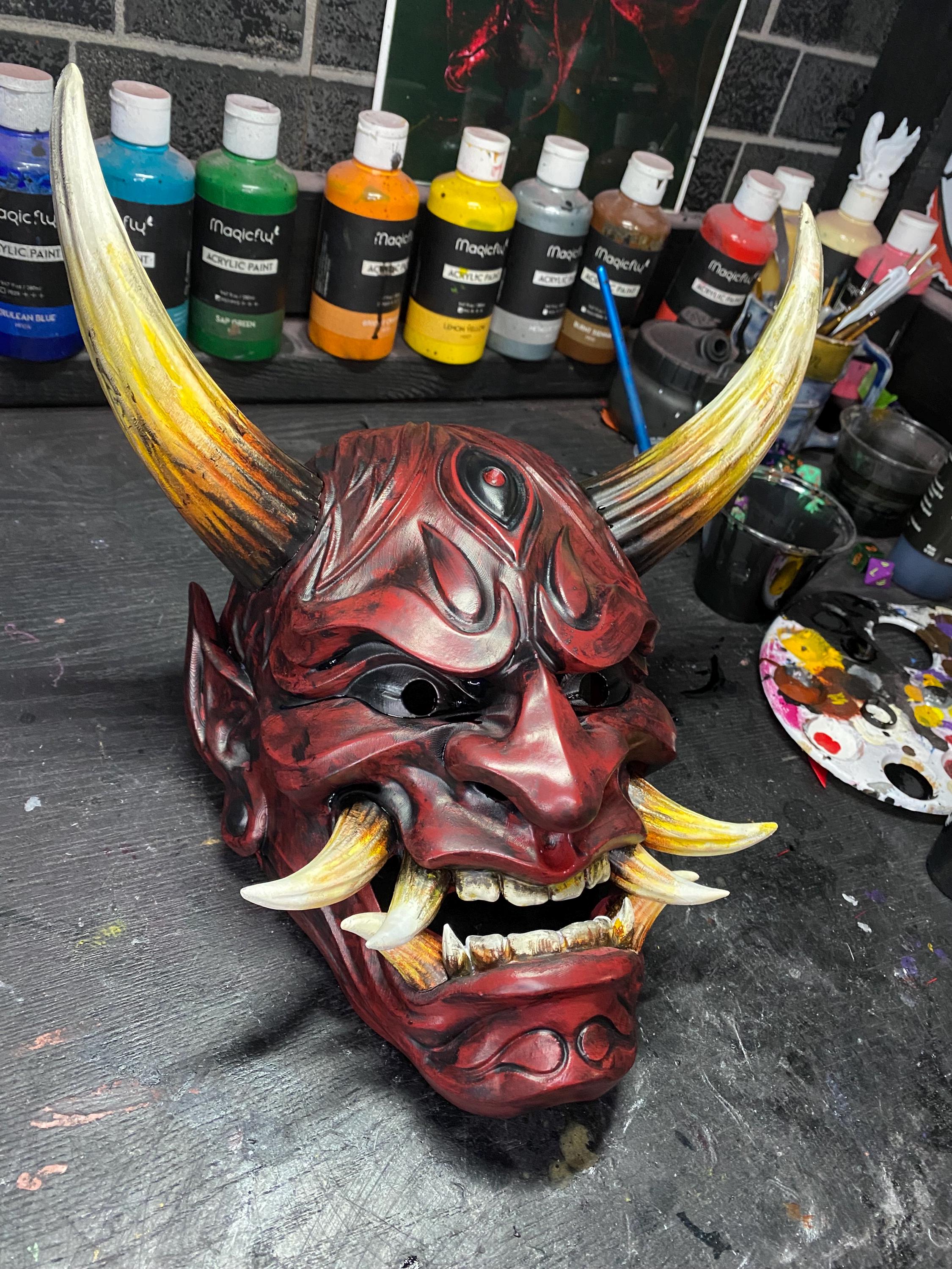 Hand-Painted 3D Printed Japanese Demon Oni Mask - Wearable and Display Piece