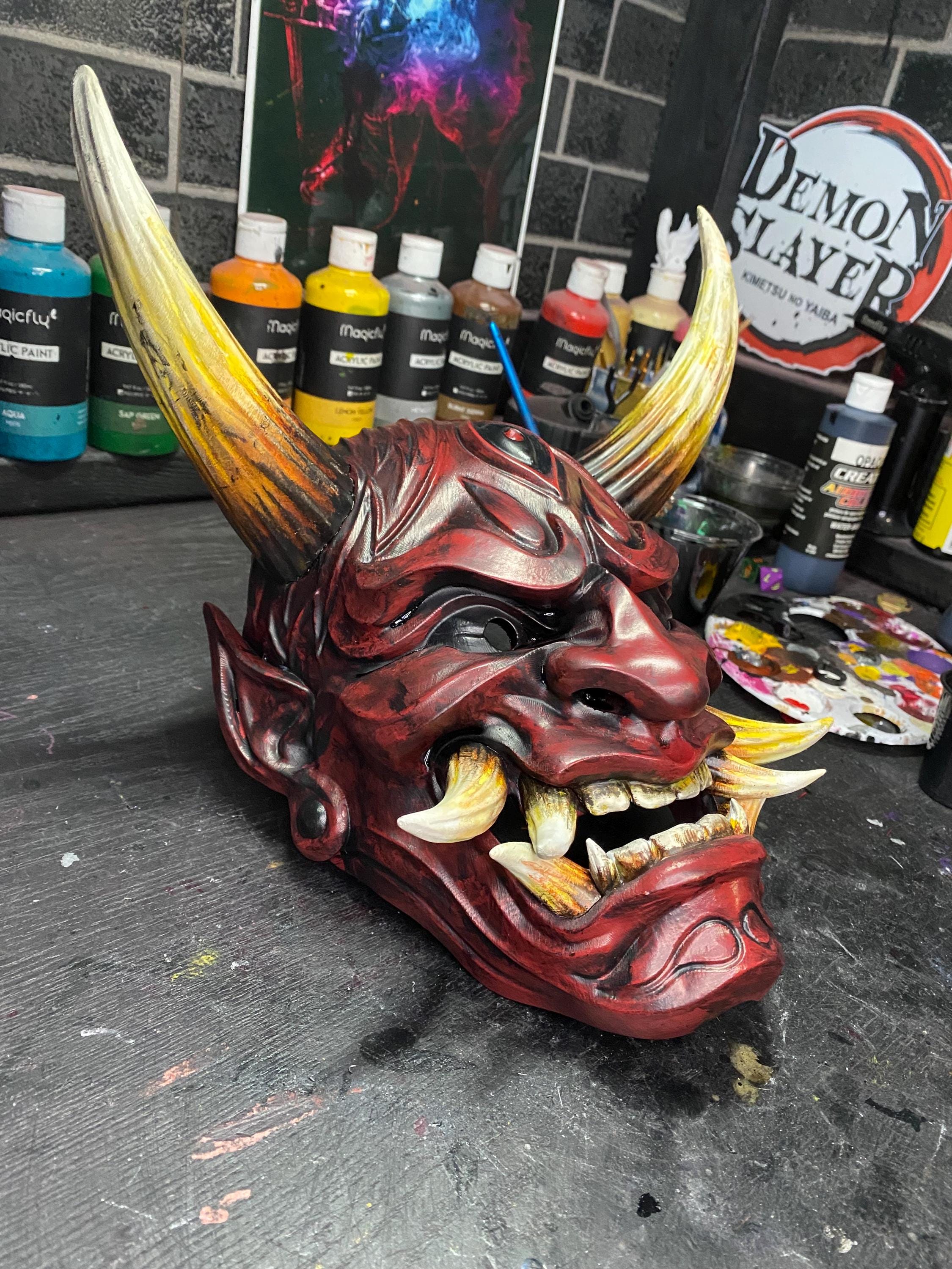 Hand-Painted 3D Printed Japanese Demon Oni Mask - Wearable and Display Piece