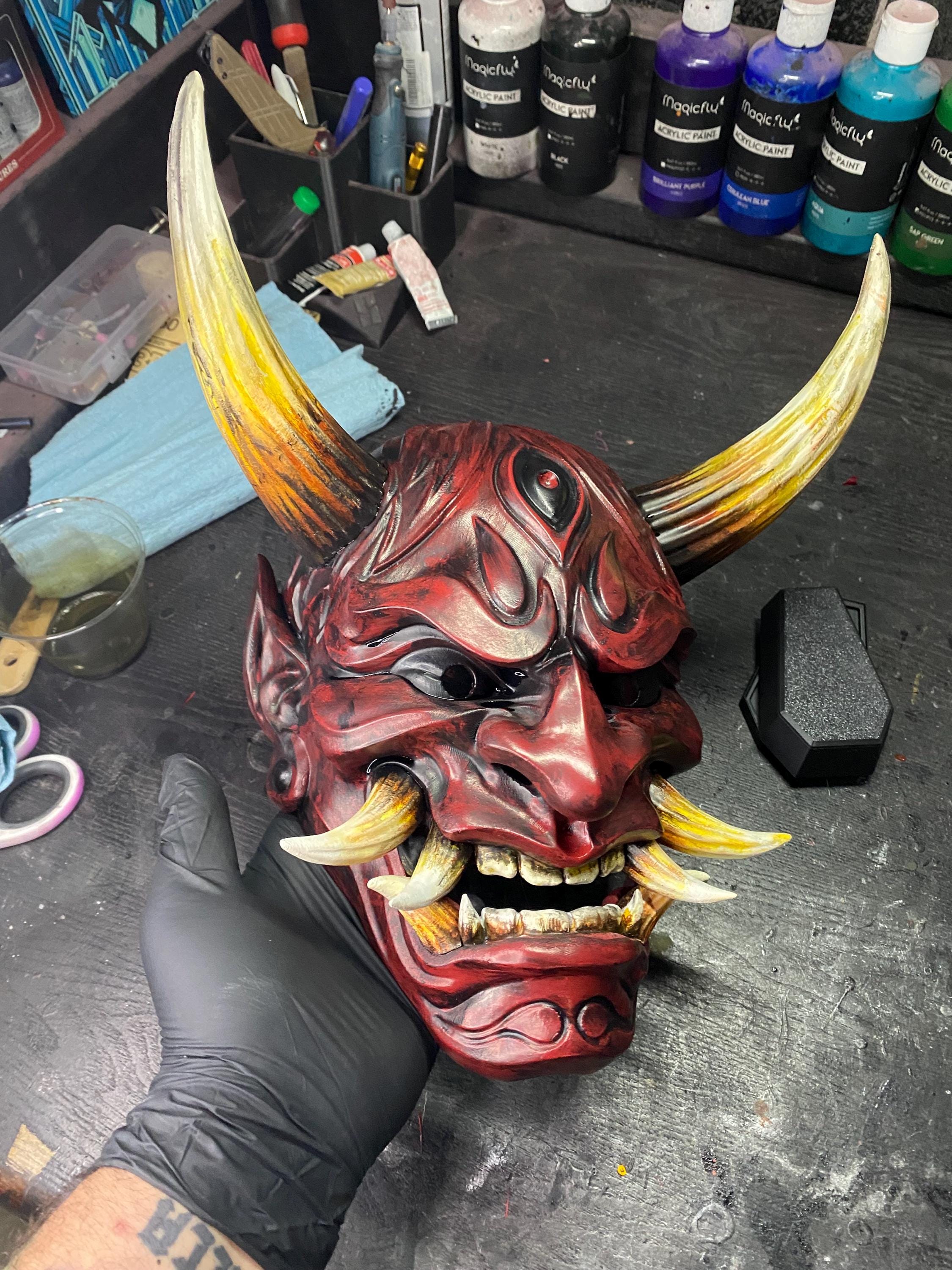 Hand-Painted 3D Printed Japanese Demon Oni Mask - Wearable and Display Piece