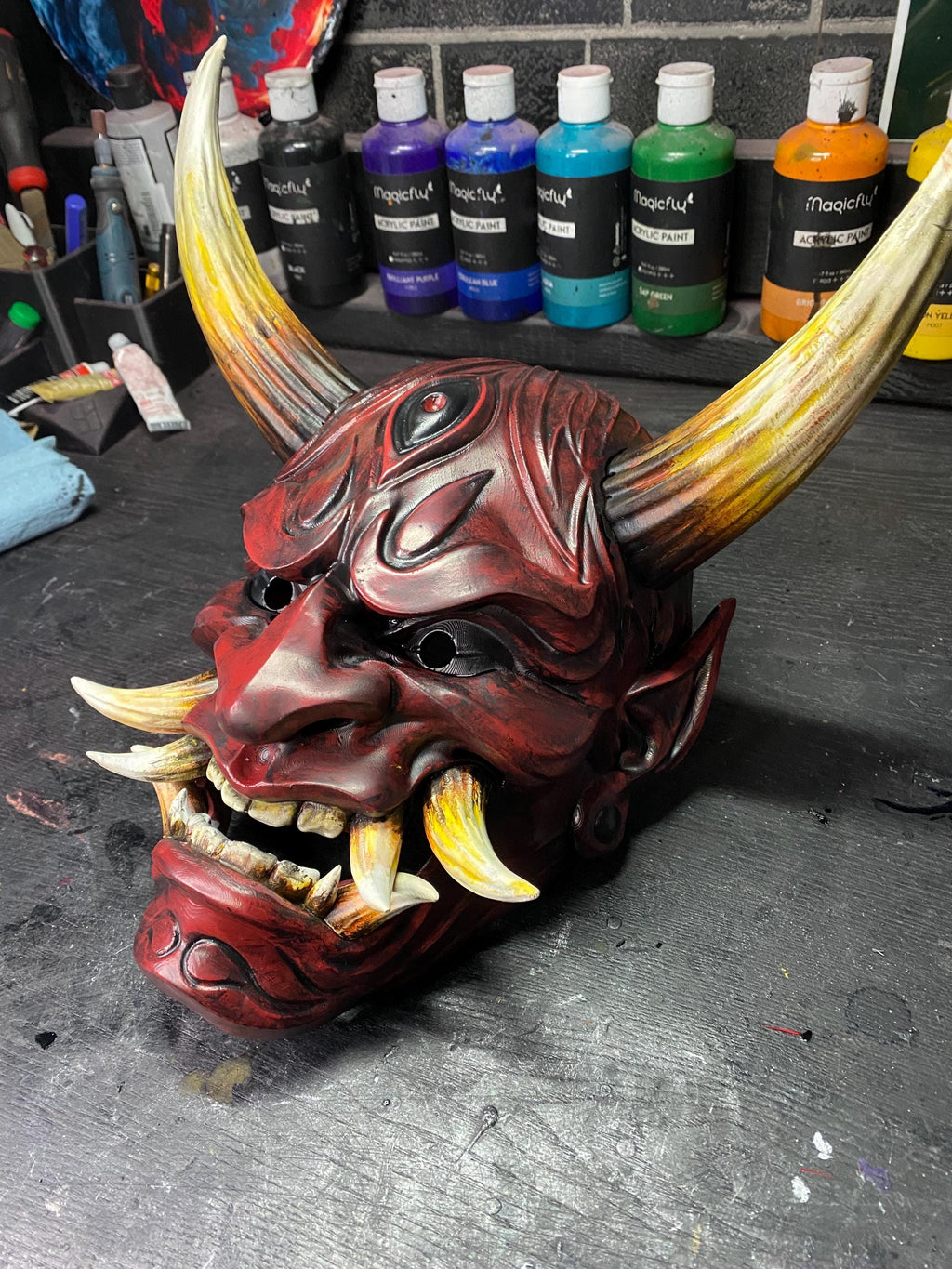 Hand-Painted 3D Printed Japanese Demon Oni Mask - Wearable and Display Piece