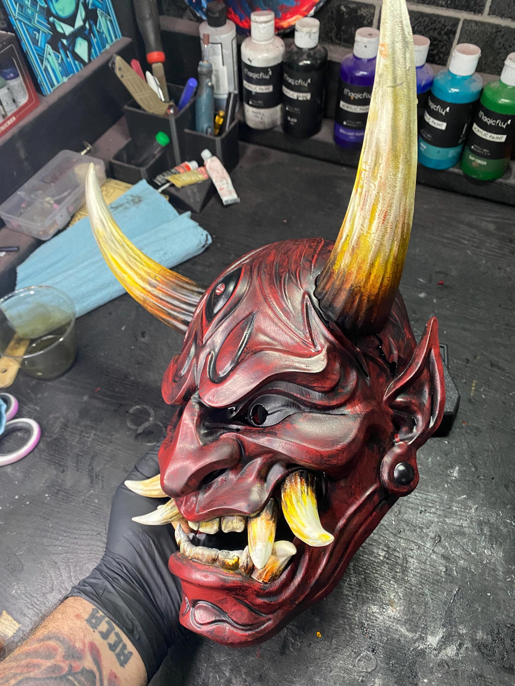 Hand-Painted 3D Printed Japanese Demon Oni Mask - Wearable and Display Piece