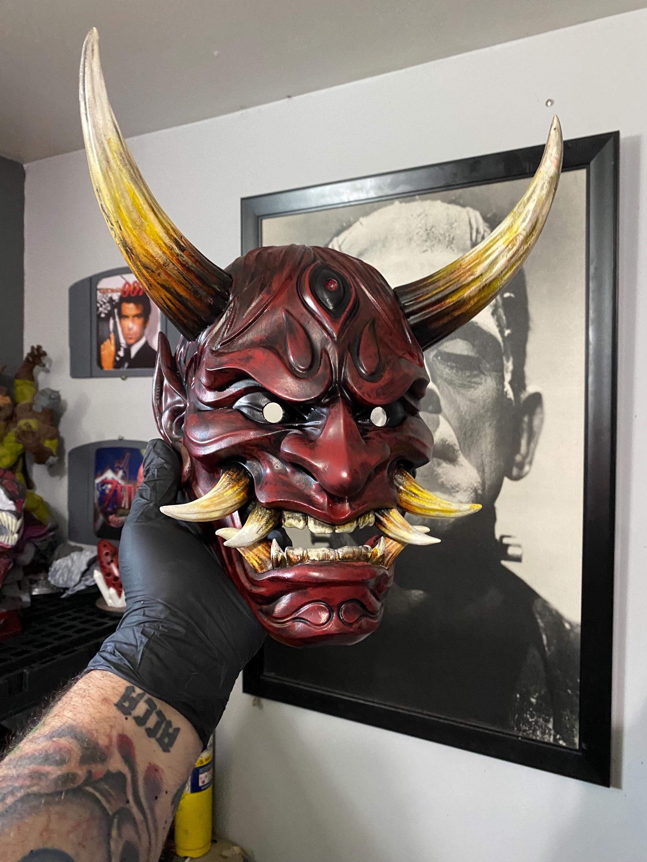 Hand-Painted 3D Printed Japanese Demon Oni Mask - Wearable and Display Piece