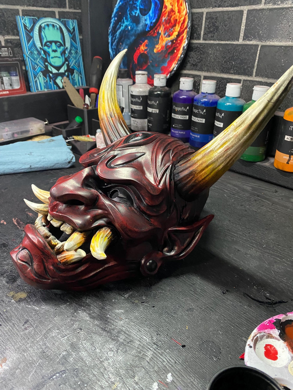 Hand-Painted 3D Printed Japanese Demon Oni Mask - Wearable and Display Piece