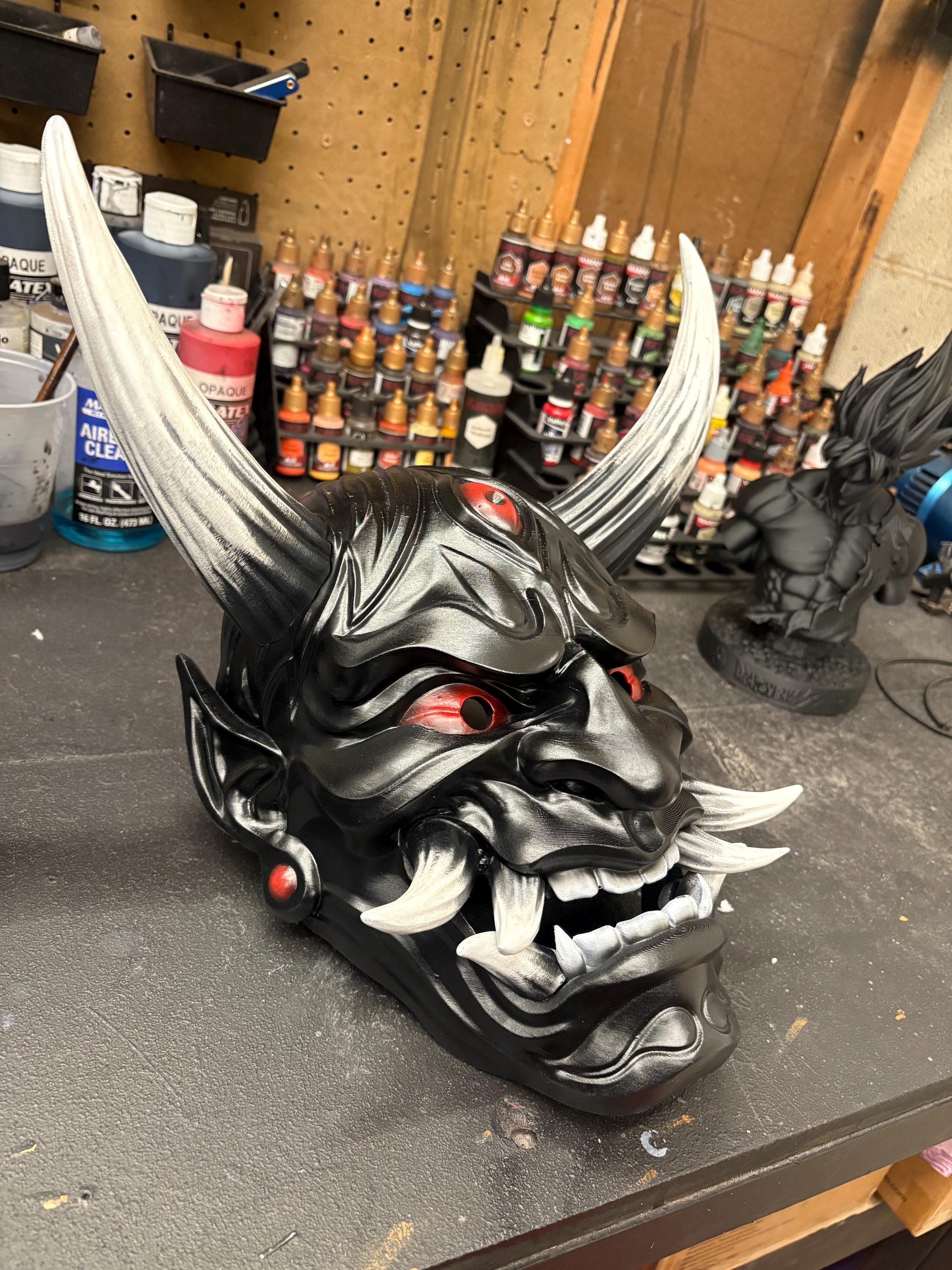 Hand-Painted Japanese Demon Oni Mask - Wearable and Display Piece