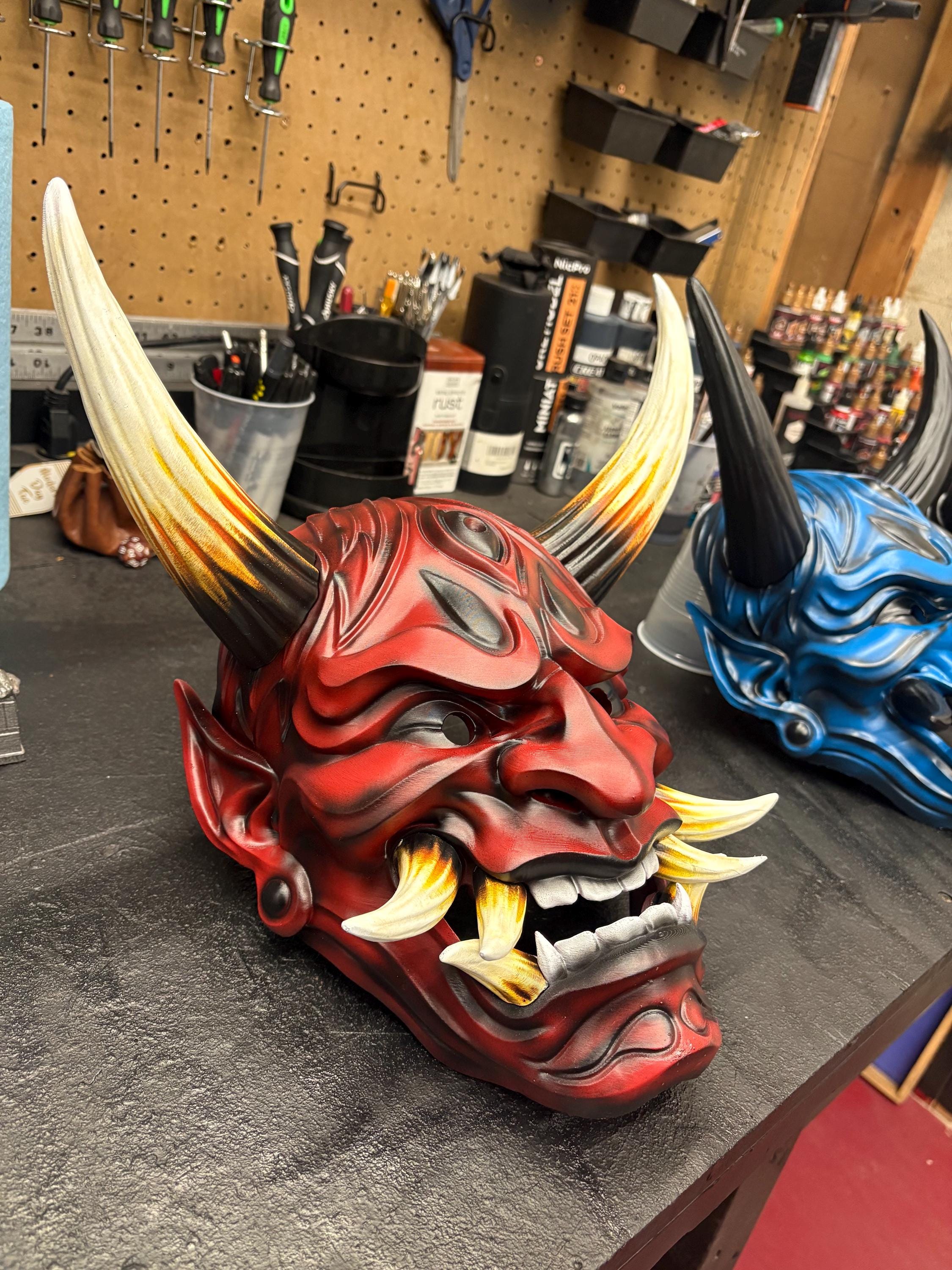 Hand-Painted Japanese Demon Oni Mask - Wearable and Display Piece